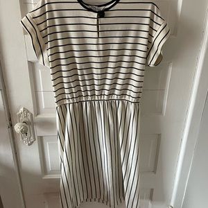 Vintage midi dress in cream with black stripes and button detail - size large
